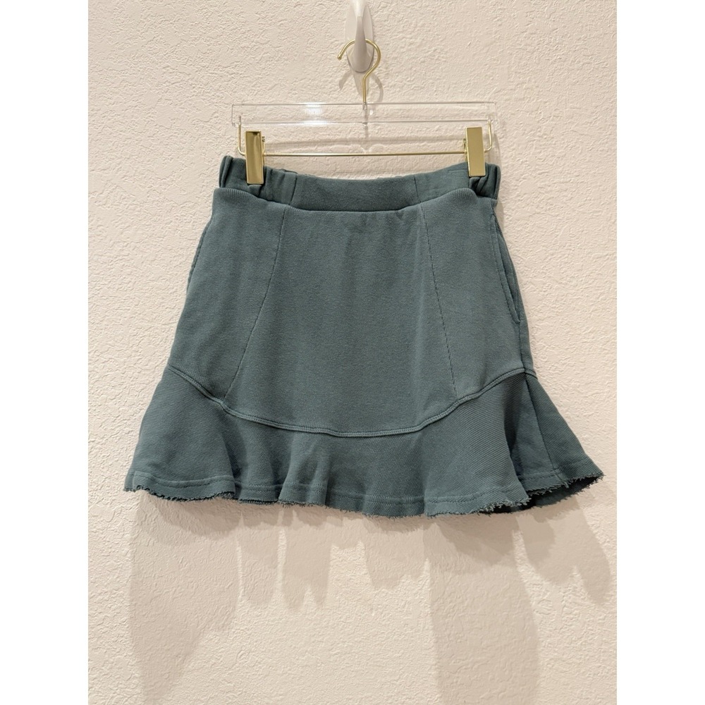 FP Beach Mini Skirt XS Teal Ruffle Hem Sweatshirt Knit Boho Coastal Resortwear